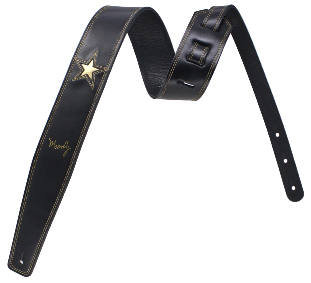 2.5" 1 Gold STAR Black/Black Leather Backed Guitar Strap