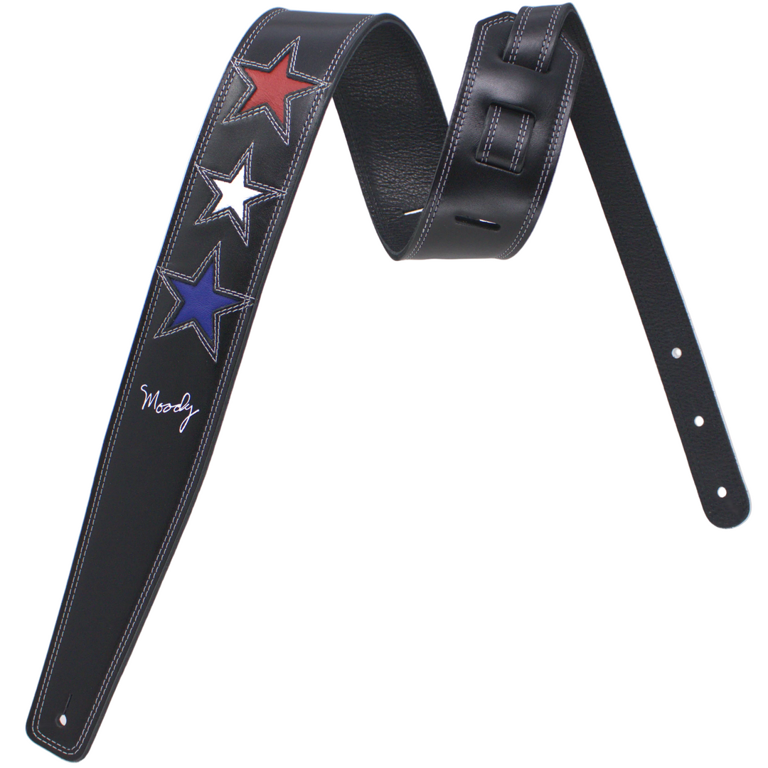 2.5" 3 Red-White-Blue STARS Black/Black Leather Backed Guitar Strap - Moody Leather luxury guitar strap