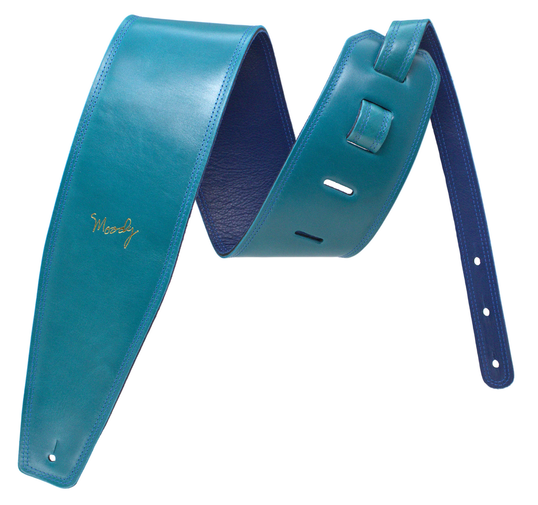 4.0" Leather Backed Guitar Strap - Ocean Blue/Blue - Moody Leather luxury guitar strap