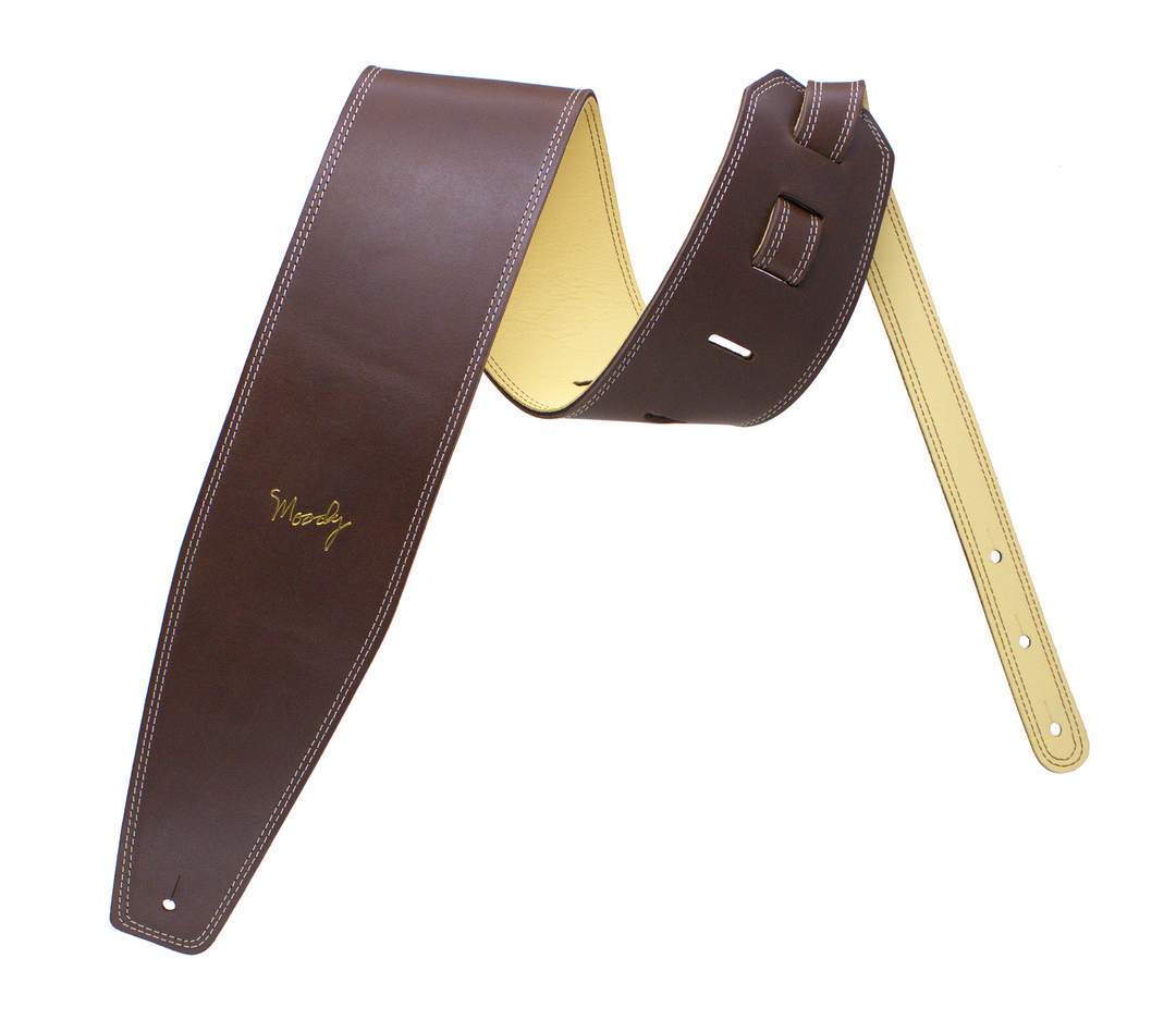 4.0" Leather Backed Guitar Strap - Brown/Cream - Moody Leather luxury guitar strap