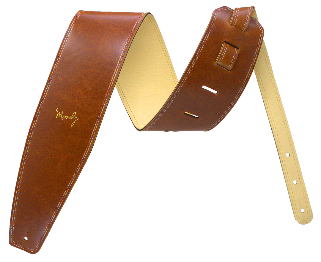 4.0" Leather Backed Guitar Strap - Light Brown/Cream - Moody Leather luxury guitar strap