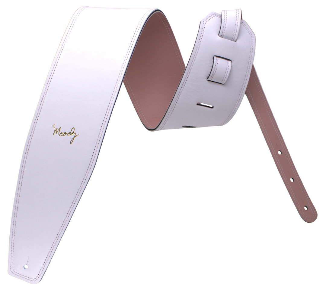 4.0" Leather Backed Guitar Strap - White/Pink - Moody Leather luxury guitar strap