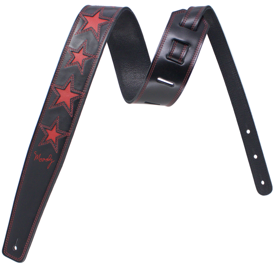 2.5" 6 Red STARS Black/Black Leather Backed Guitar Strap - Moody Leather luxury guitar strap