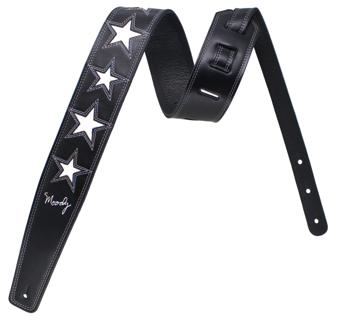 2.5" 6 White STARS Black/Black Leather Backed Guitar Strap - Moody Leather luxury guitar strap