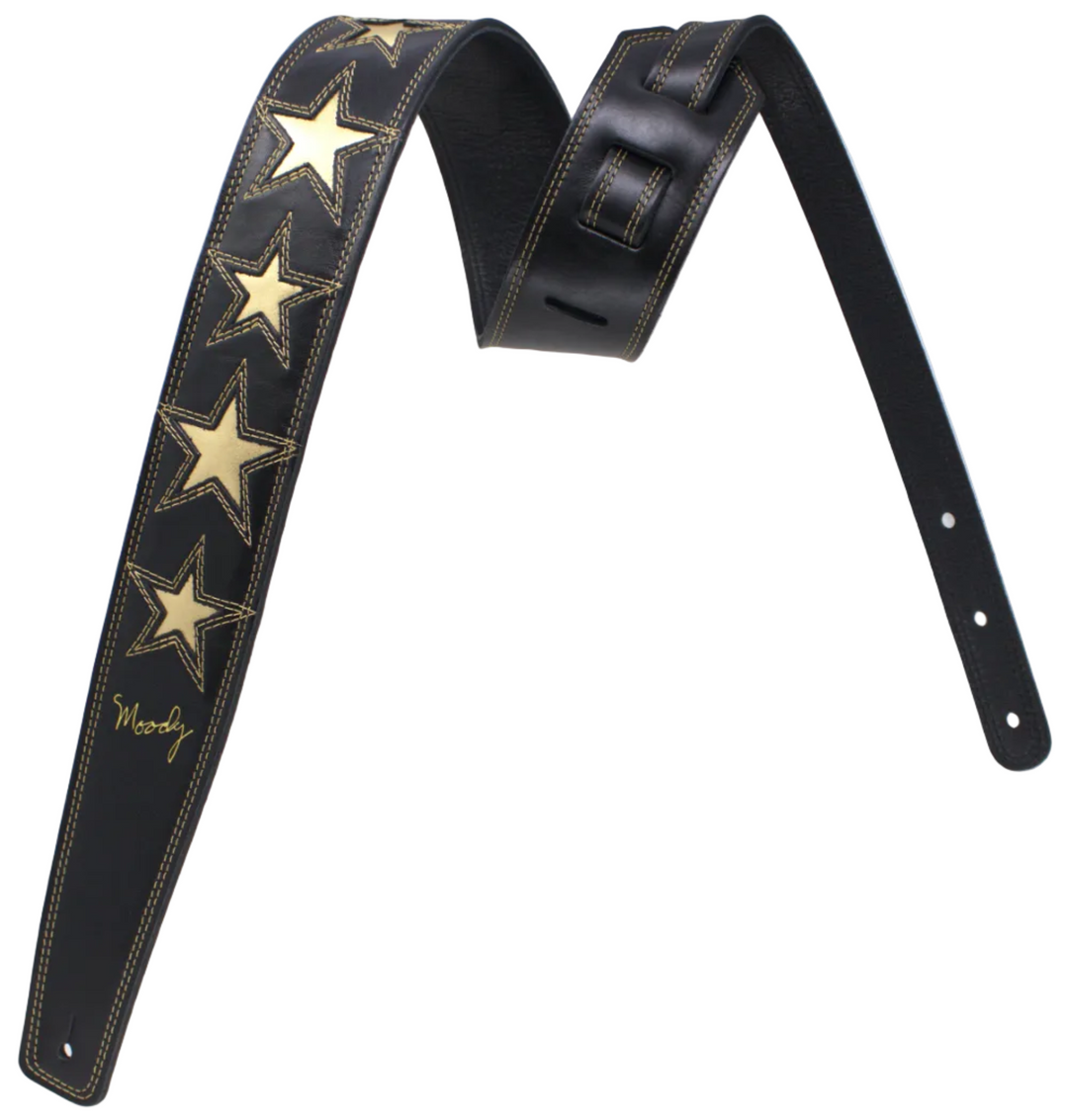 2.5" 6 Gold STARS Black/Black Leather Backed Guitar Strap - Moody Leather luxury guitar strap