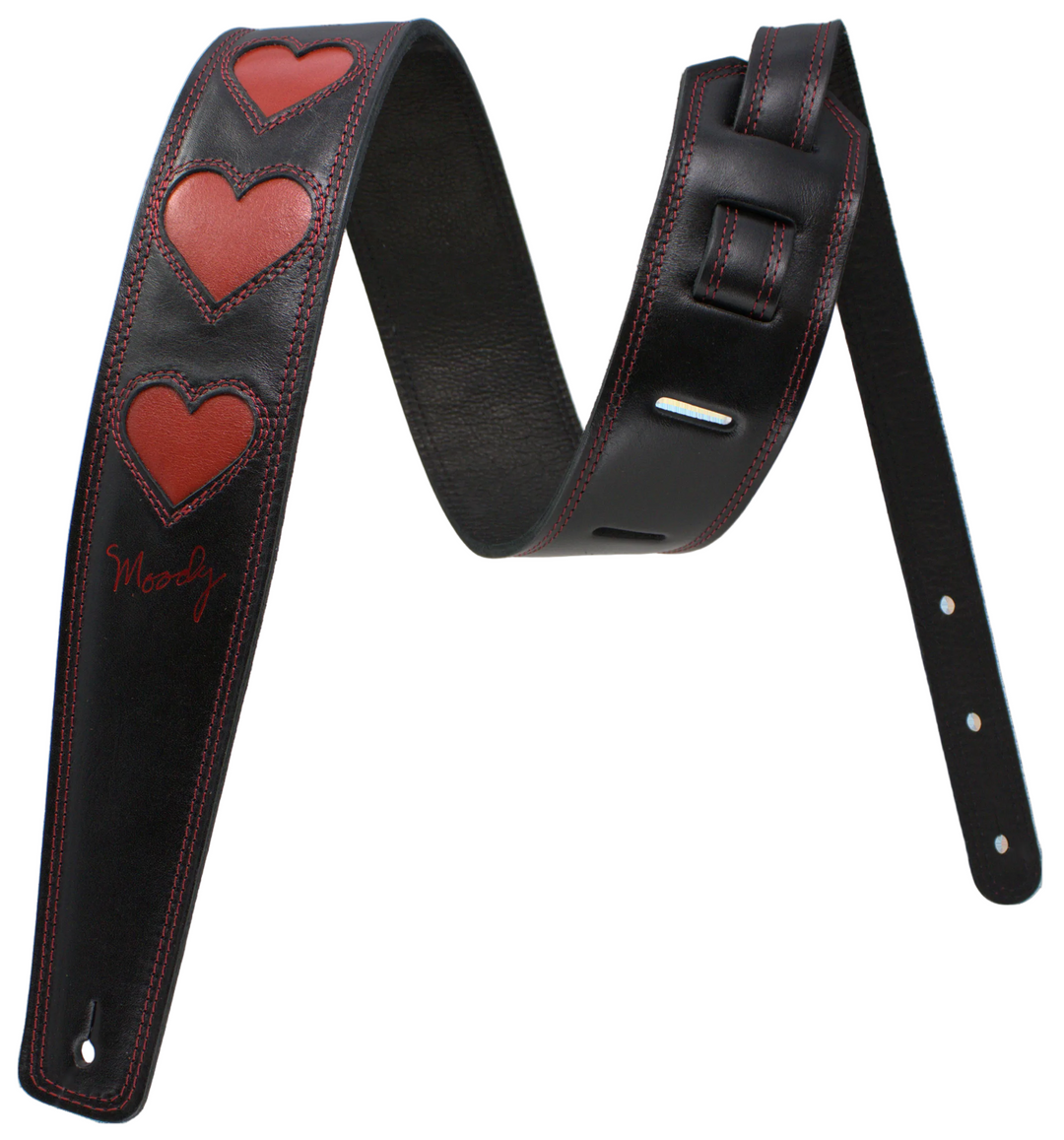 2.5" 6 Red HEARTS Black/Black Leather Backed Guitar Strap - Moody Leather luxury guitar strap