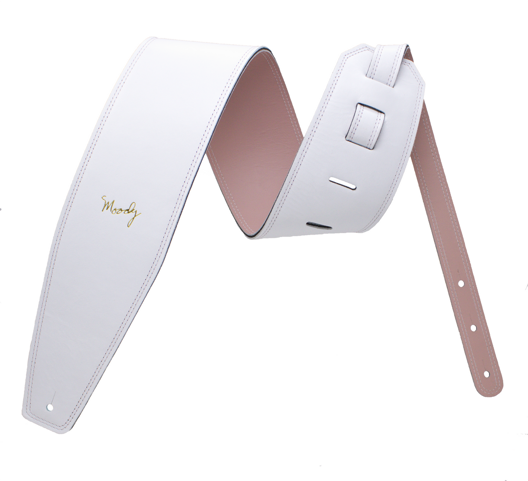 4.0" Leather Backed Guitar Strap - White/Pink - Moody Leather luxury guitar strap