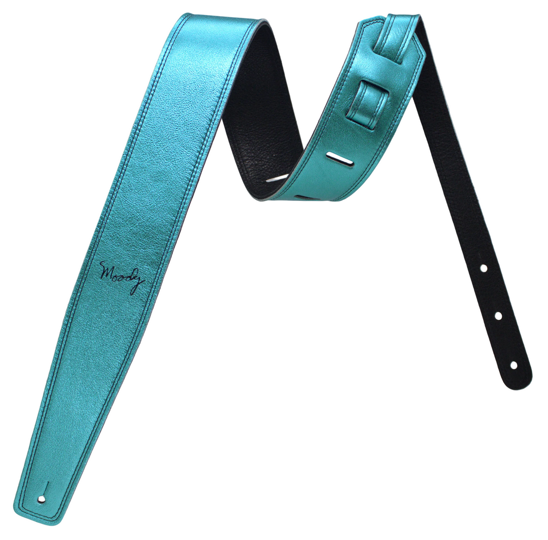 2.5" Leather Backed Guitar Strap - Metallic Turquoise/Black - Moody Leather luxury guitar strap