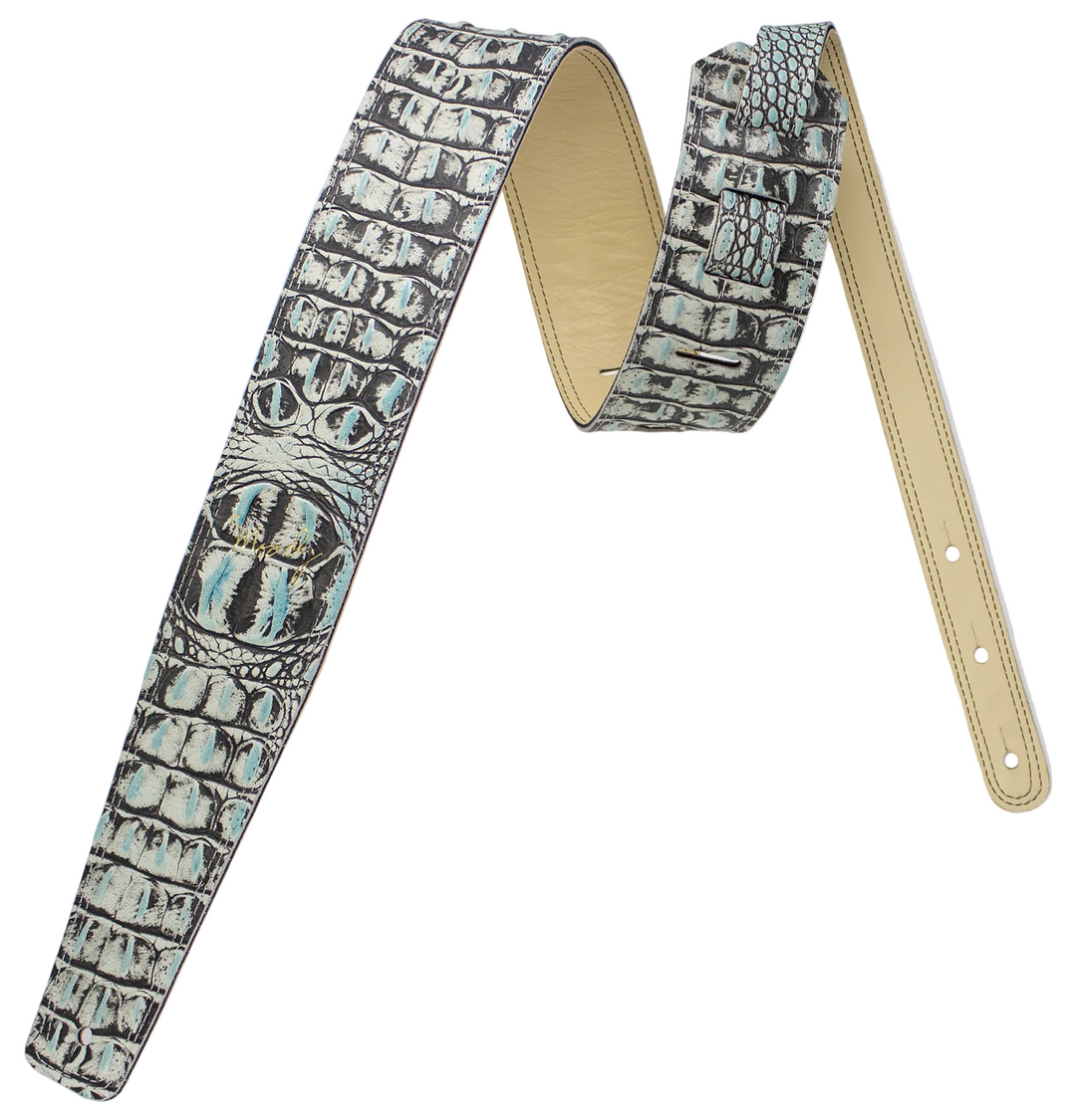 2.5" Faux Gator Leather Backed Guitar Strap - Topaz/Cream - Moody Leather luxury guitar strap