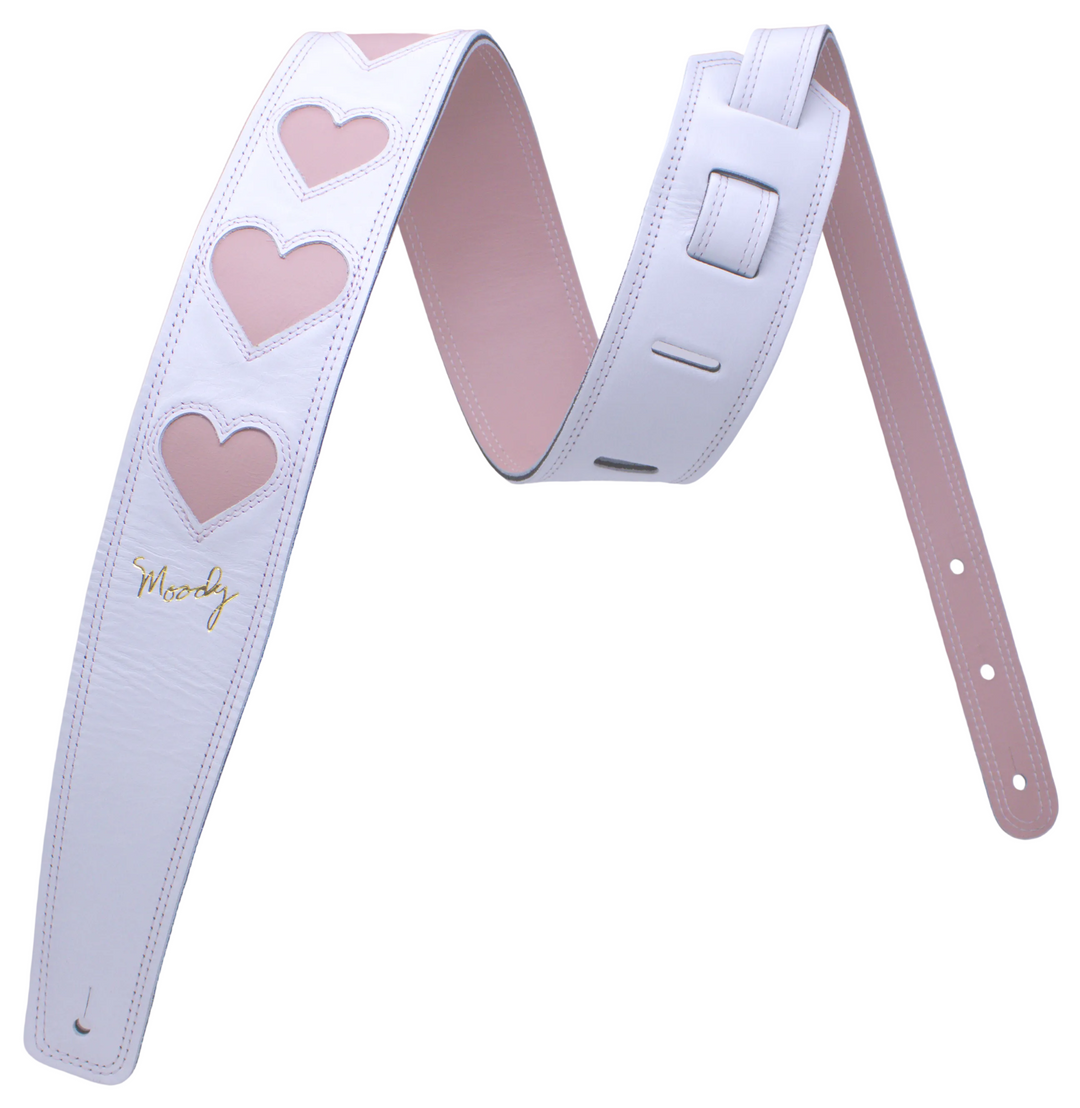 2.5" 6 Pink HEARTS White/Pink Leather Backed Guitar Strap