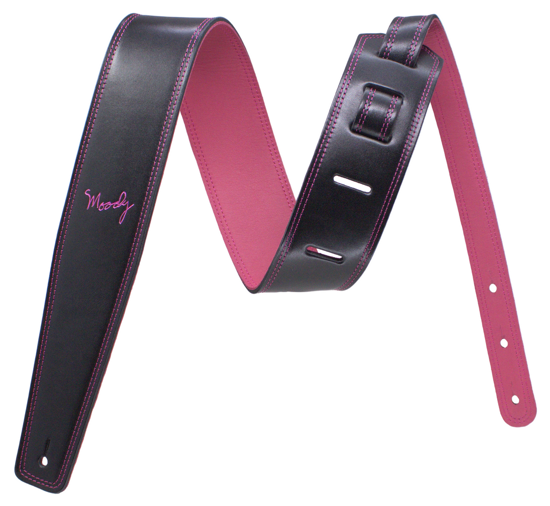 2.5" Leather Backed Guitar Strap - Black/Hot Pink