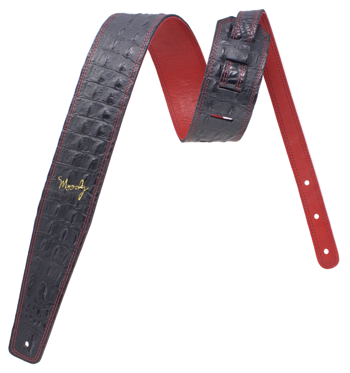 2.5" Faux Gator Leather Backed Guitar Strap - Black/Red