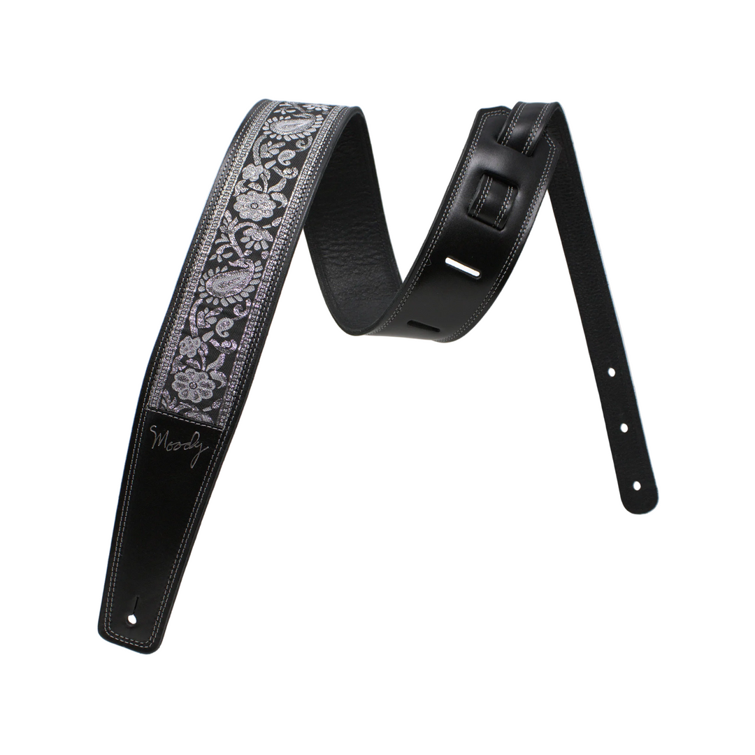 Moody Leather 2.5" - Hippie Series - Leather Backed Guitar Strap - Black/Black/Silver Floral — handmade Italian leather guitar strap made in USA