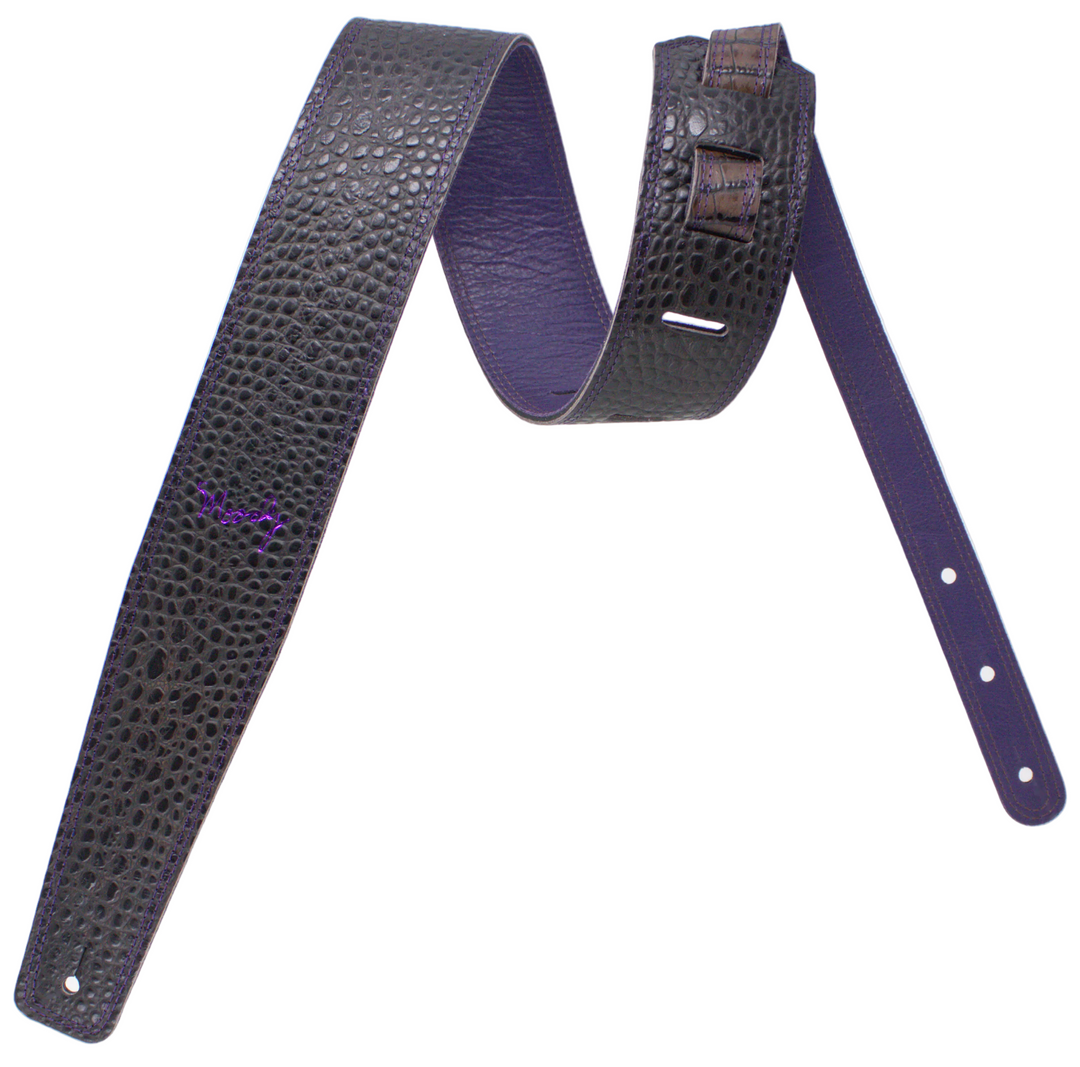 2.5" Faux Gator Leather Backed Guitar Strap - Dark Brown/Purple - Moody Leather luxury guitar strap