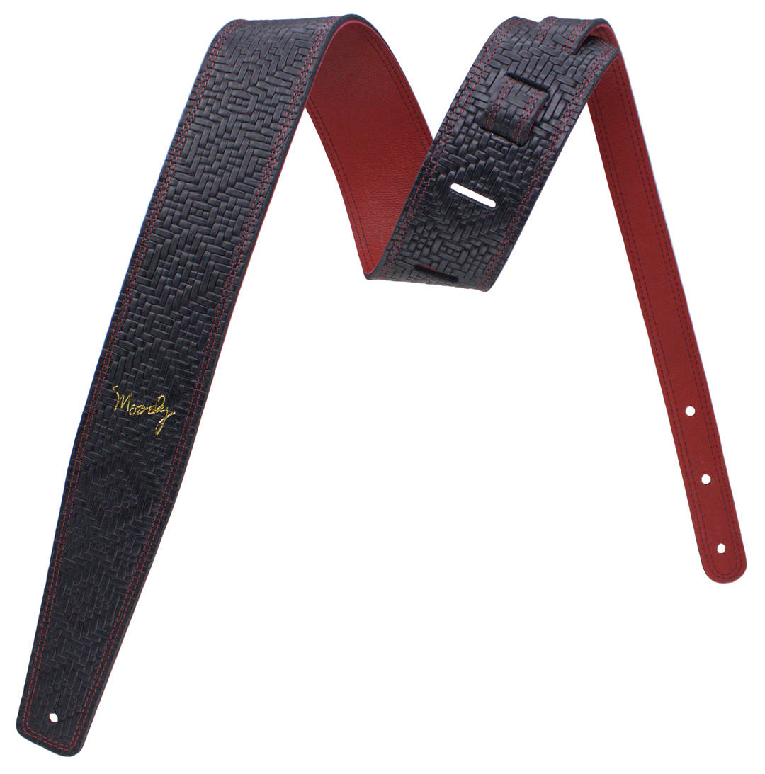2.5" Leather Backed Western Diamond Basket Weave Guitar Strap - Black/Red