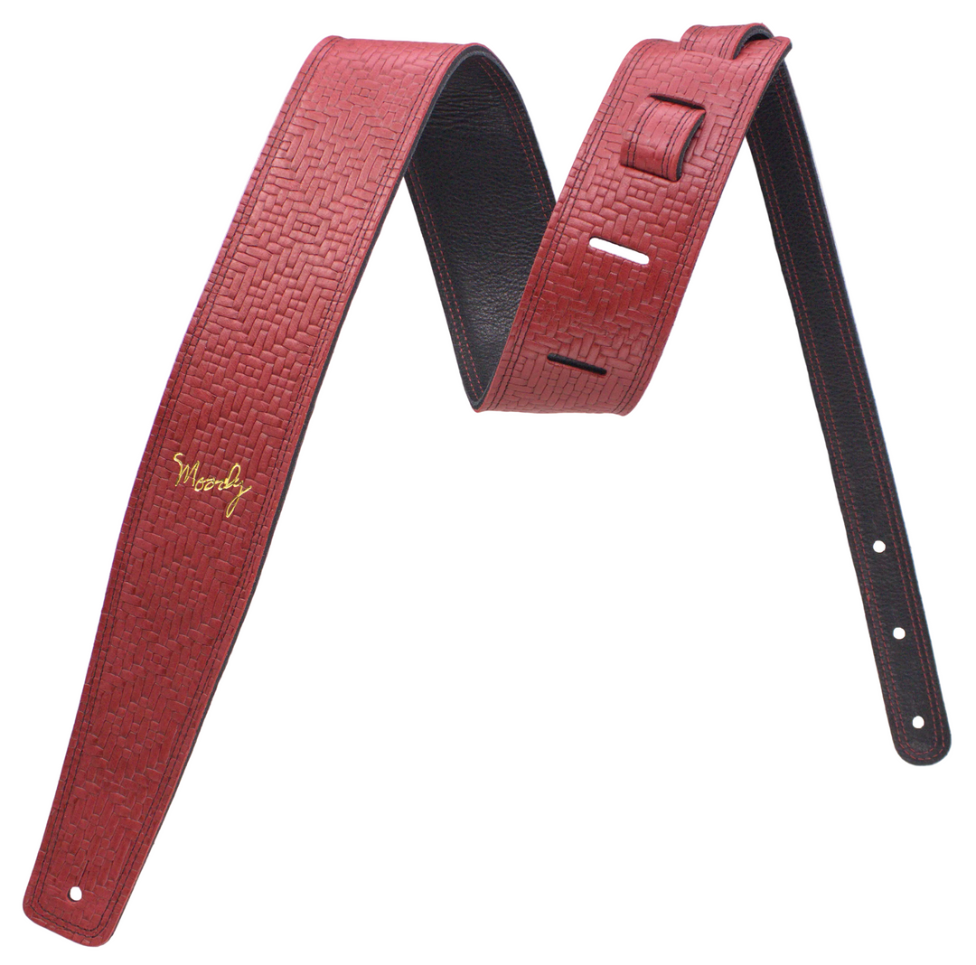 2.5" Leather Backed Western Diamond Basket Weave Guitar Strap - Red/Black