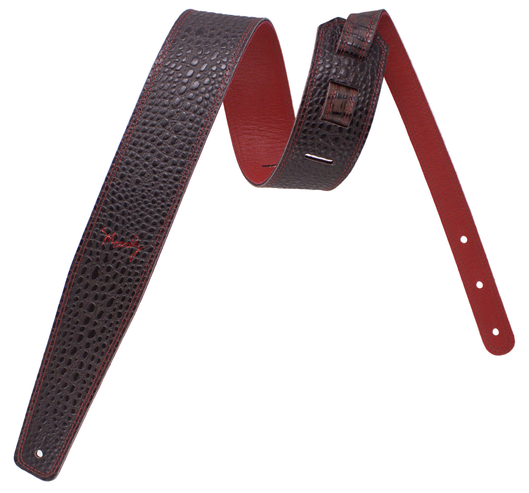 2.5" Faux Gator Leather Backed Guitar Strap - Dark Brown/Red - Moody Leather luxury guitar strap