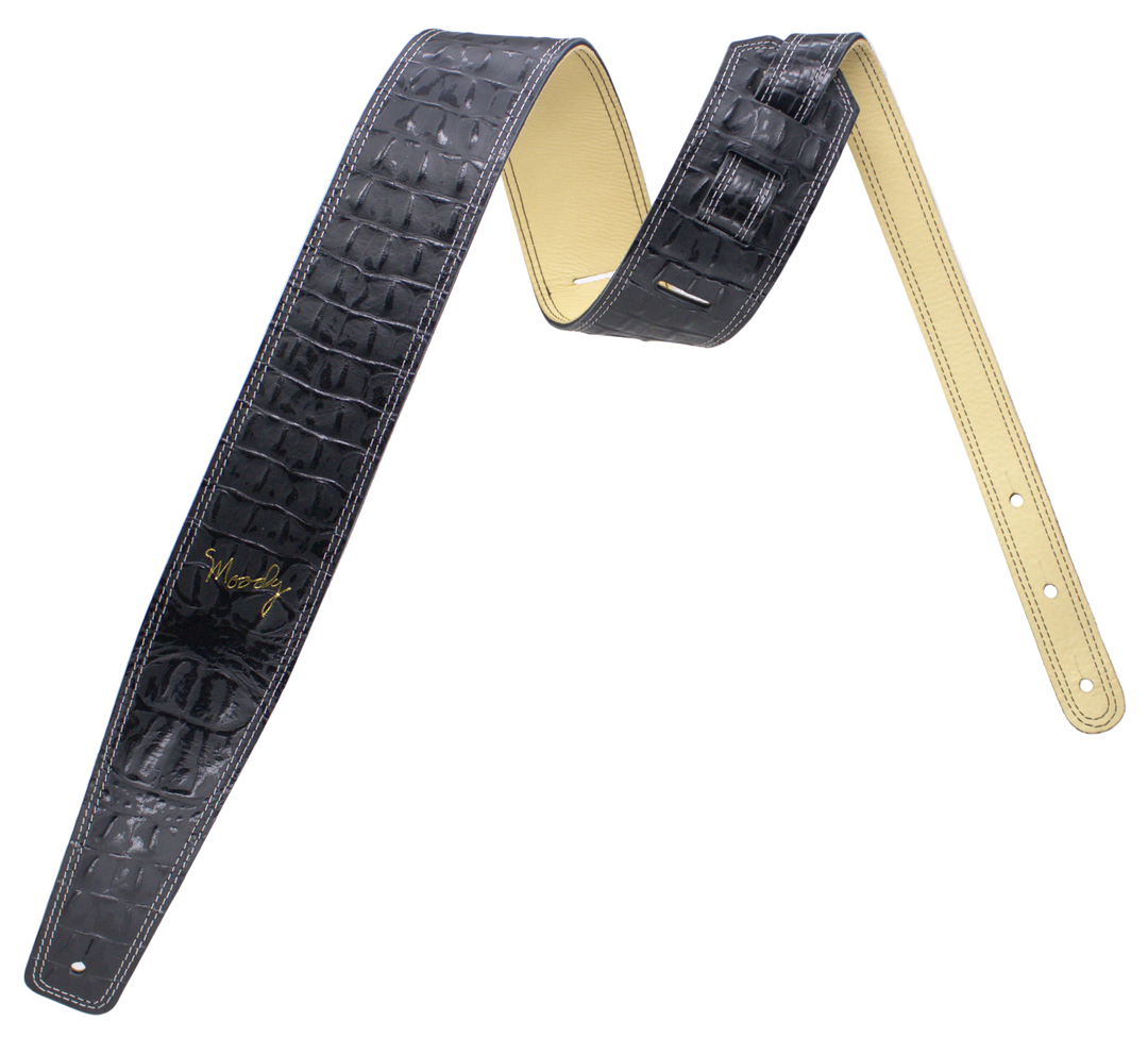 2.5" Faux Gator Leather Backed Guitar Strap - Black/Cream - Moody Leather luxury guitar strap