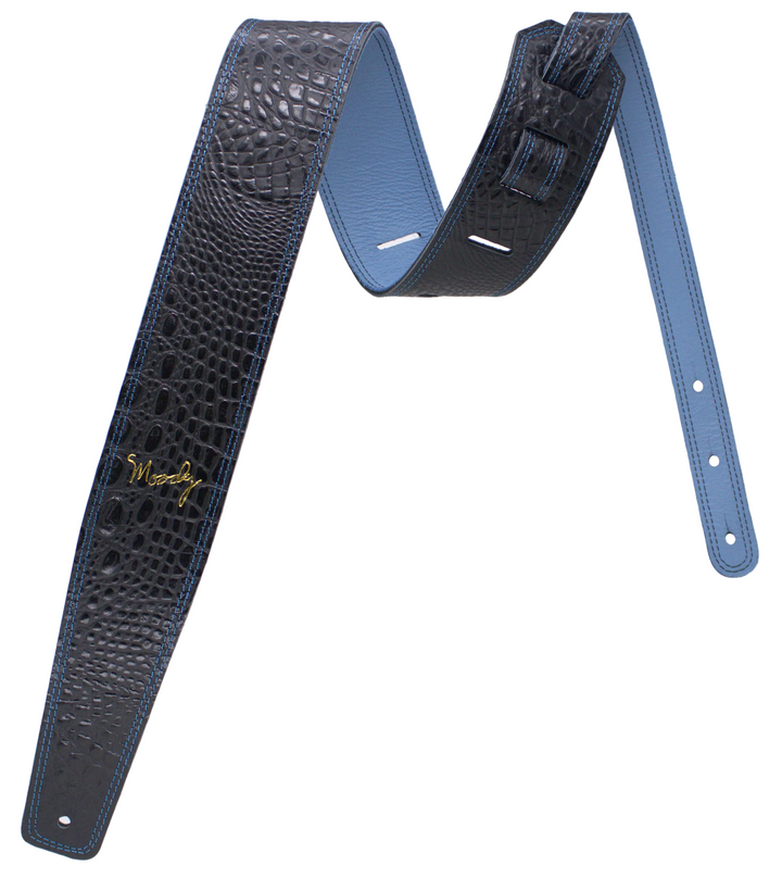 2.5" Faux Gator Leather Backed Guitar Strap - Black/Light Blue