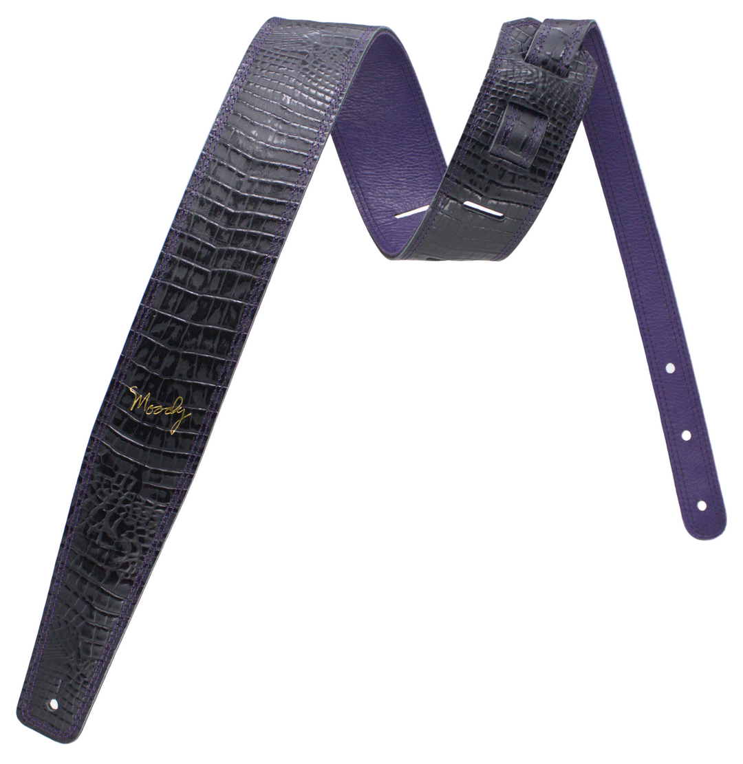 2.5" Faux Gator Leather Backed Guitar Strap - Black/Purple - Moody Leather luxury guitar strap