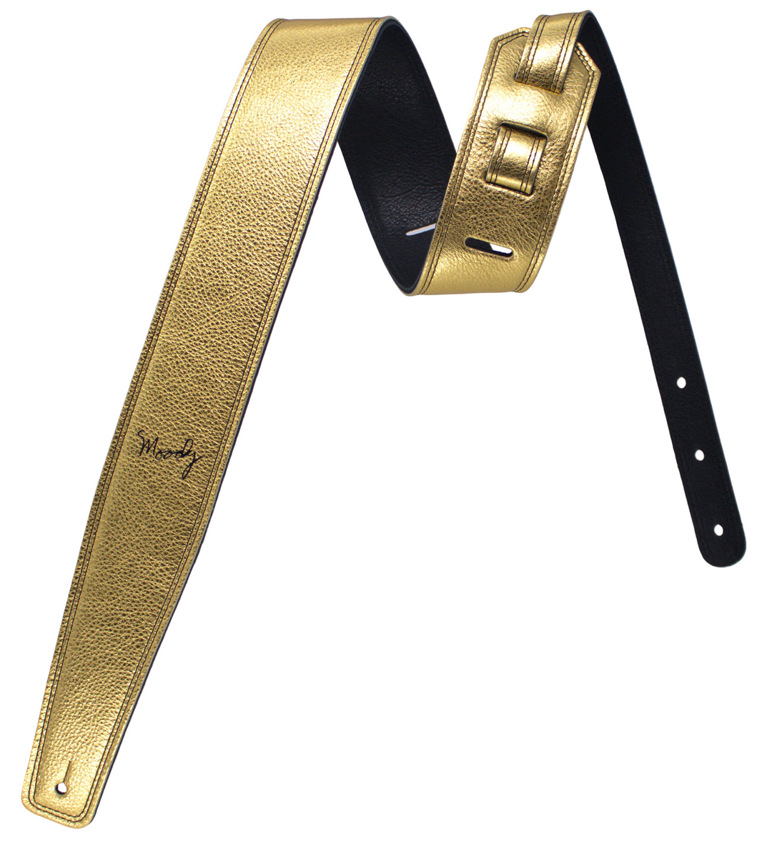 2.5" Leather Backed Guitar Strap - Metallic Gold/Black - Moody Leather luxury guitar strap
