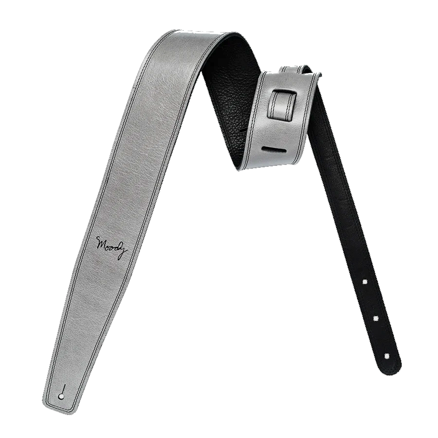 2.5" Leather Backed Guitar Strap - Light Gray/Black - Moody Leather luxury guitar strap