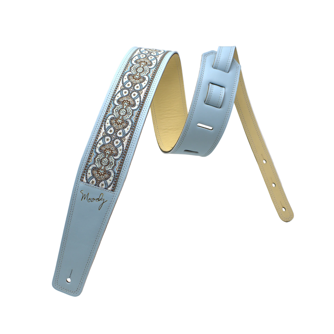 Moody Leather 2.5" - Hippie Series - Leather Backed Guitar Strap - Light Blue/Cream/White Lace — handmade Italian leather guitar strap made in USA