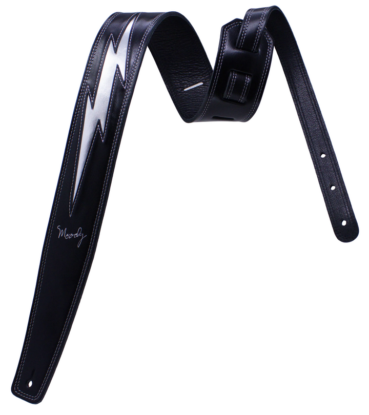 2.5" Silver Lightning Bolt Black/Black Leather Backed Guitar Strap