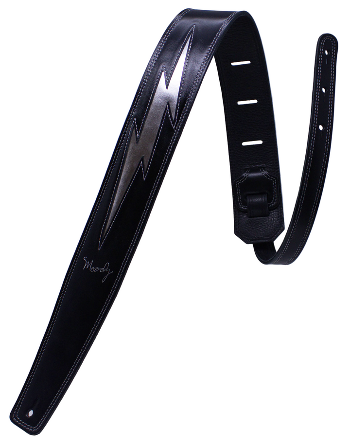 2.5" Silver Lightning Bolt Black/Black Leather Backed Guitar Strap