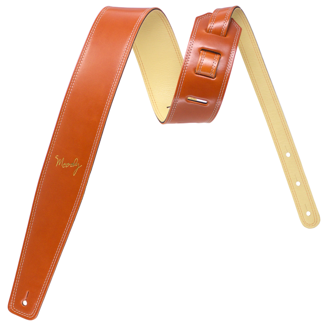 2.5" Leather Backed Guitar Strap - Burnt Orange/Cream - Moody Leather luxury guitar strap