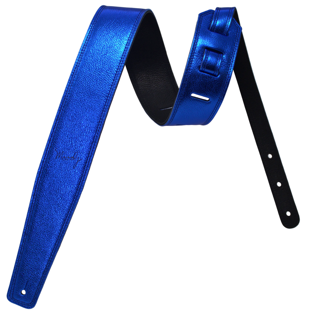 2.5" Leather Backed Guitar Strap - Metallic Royal Blue/Black - Moody Leather luxury guitar strap
