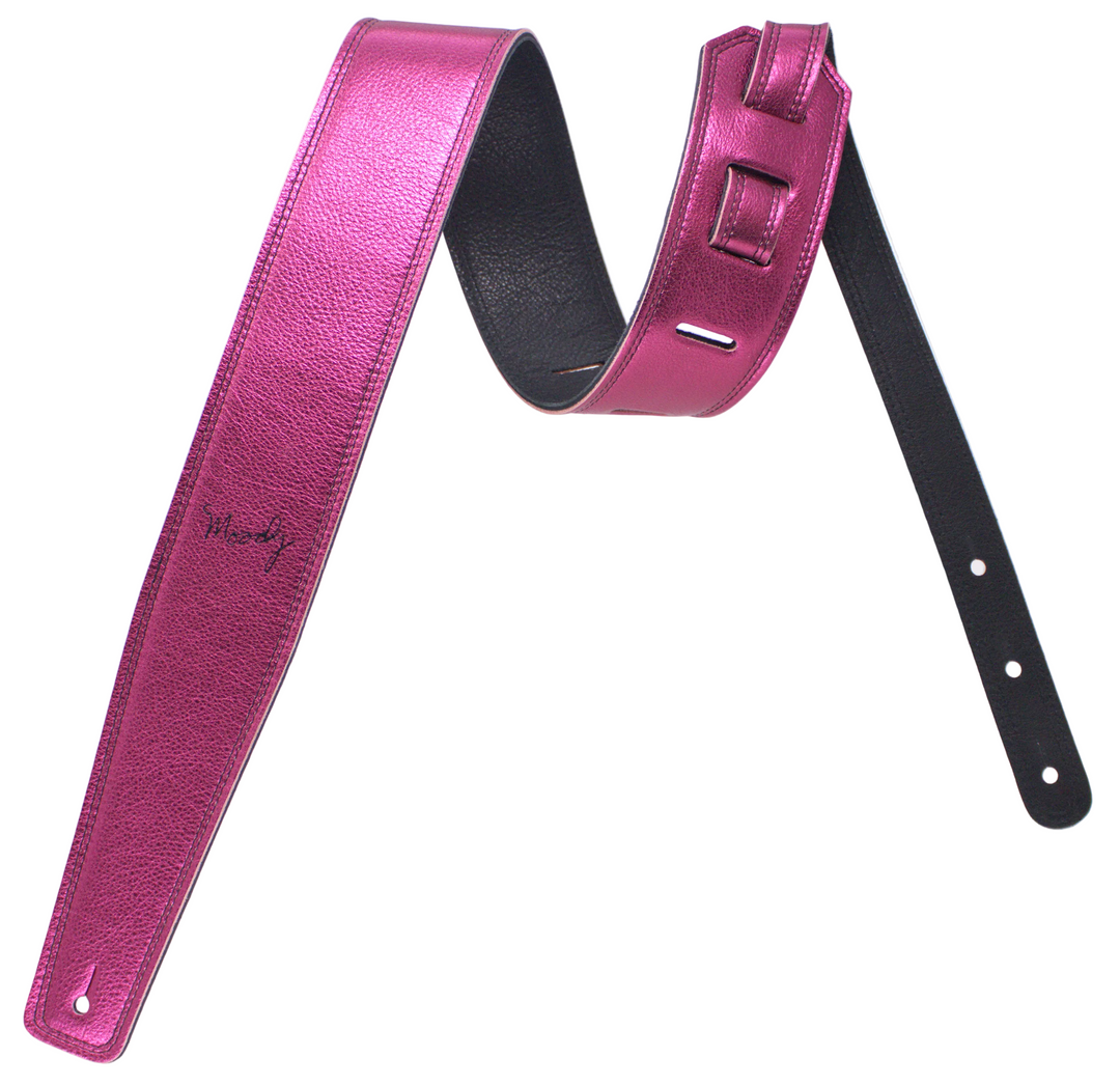 2.5" Leather Backed Guitar Strap - Metallic Hot Pink/Black - Moody Leather luxury guitar strap
