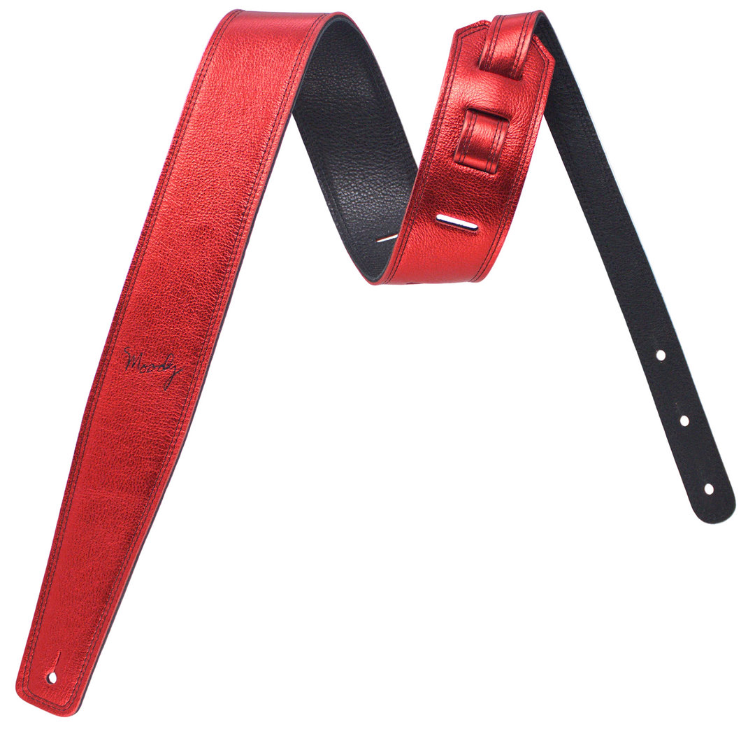 2.5" Leather Backed Guitar Strap - Metallic Red/Black - Moody Leather luxury guitar strap