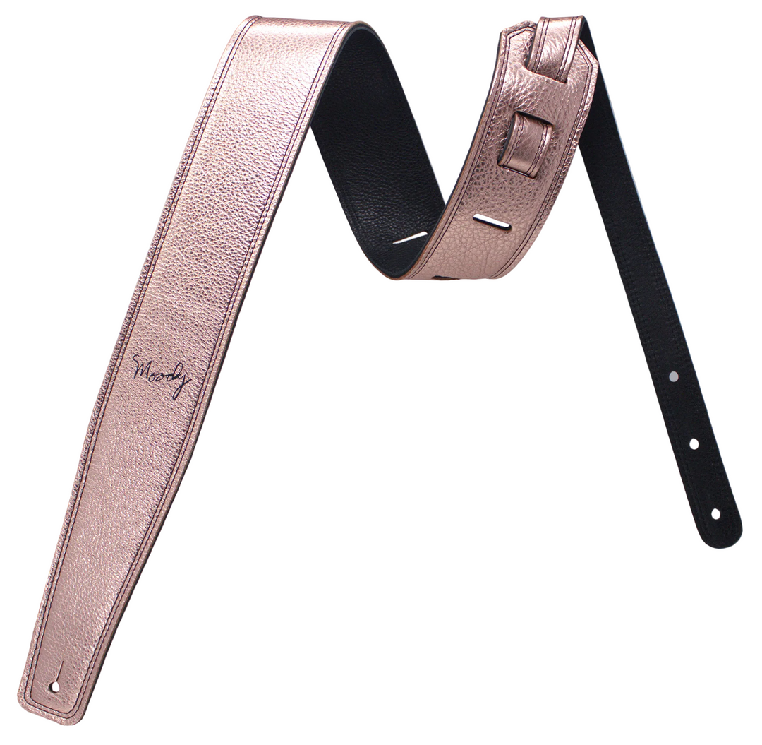 2.5" Leather Backed Guitar Strap - Metallic Rose Gold/Black - Moody Leather luxury guitar strap