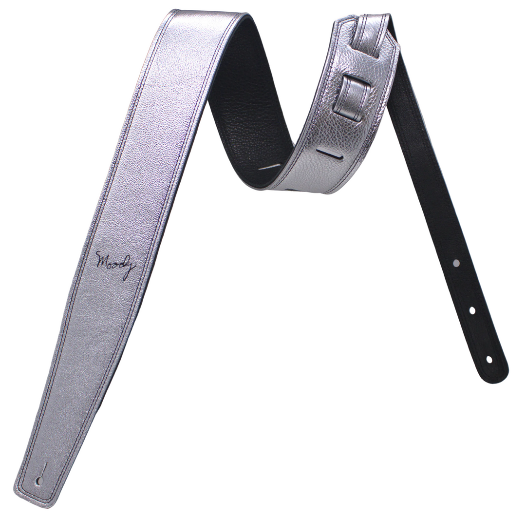 2.5" Leather Backed Guitar Strap - Metallic Silver/Black