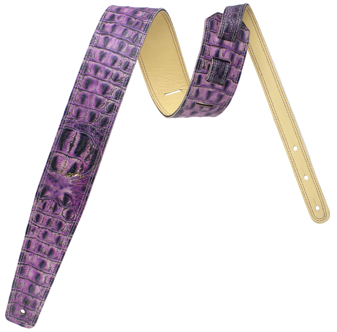 2.5" Faux Gator Leather Backed Guitar Strap - Purple/Cream - Moody Leather luxury guitar strap