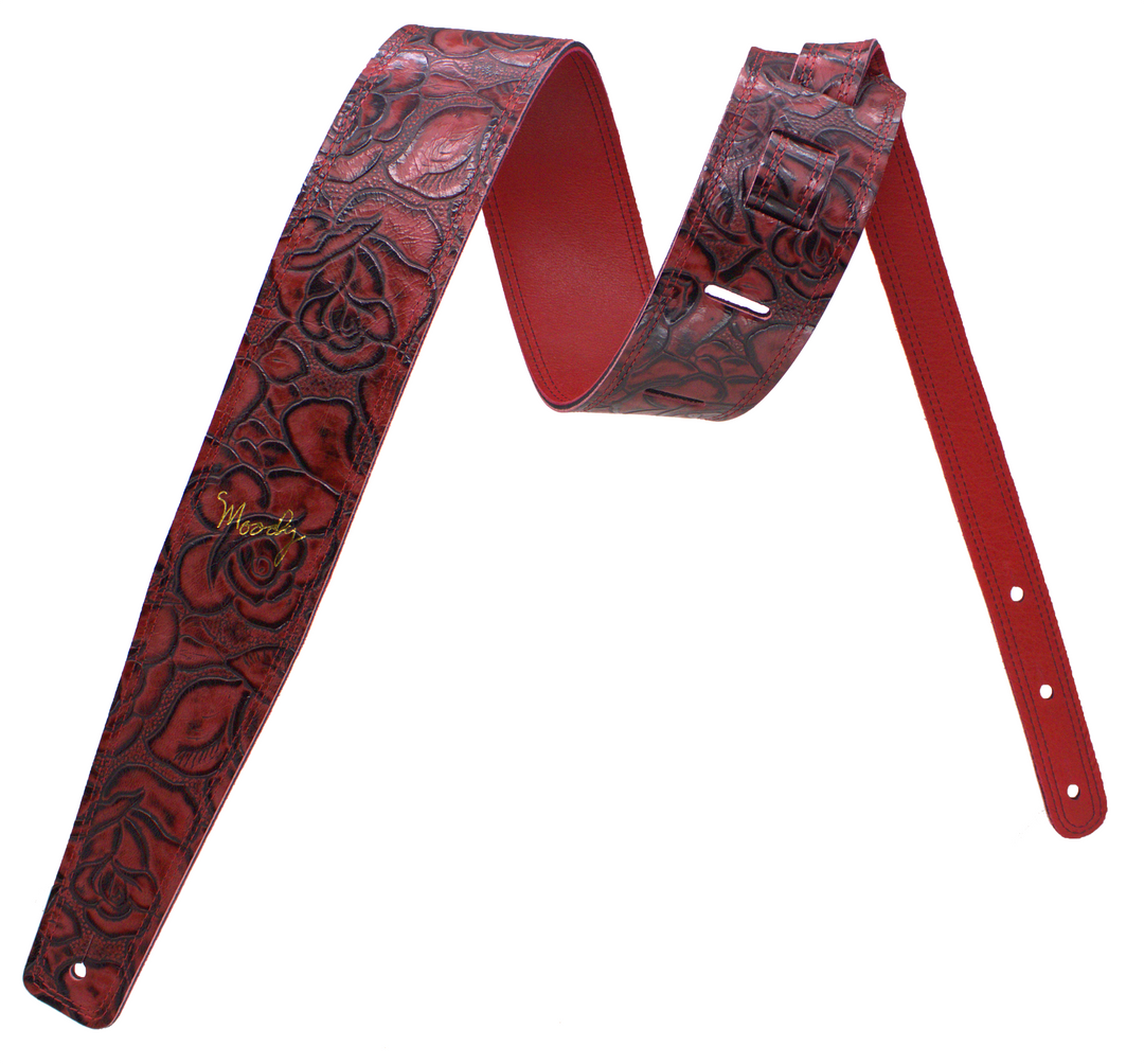 2.5" Leather Backed Western Red Rose Guitar Strap - Red/Red