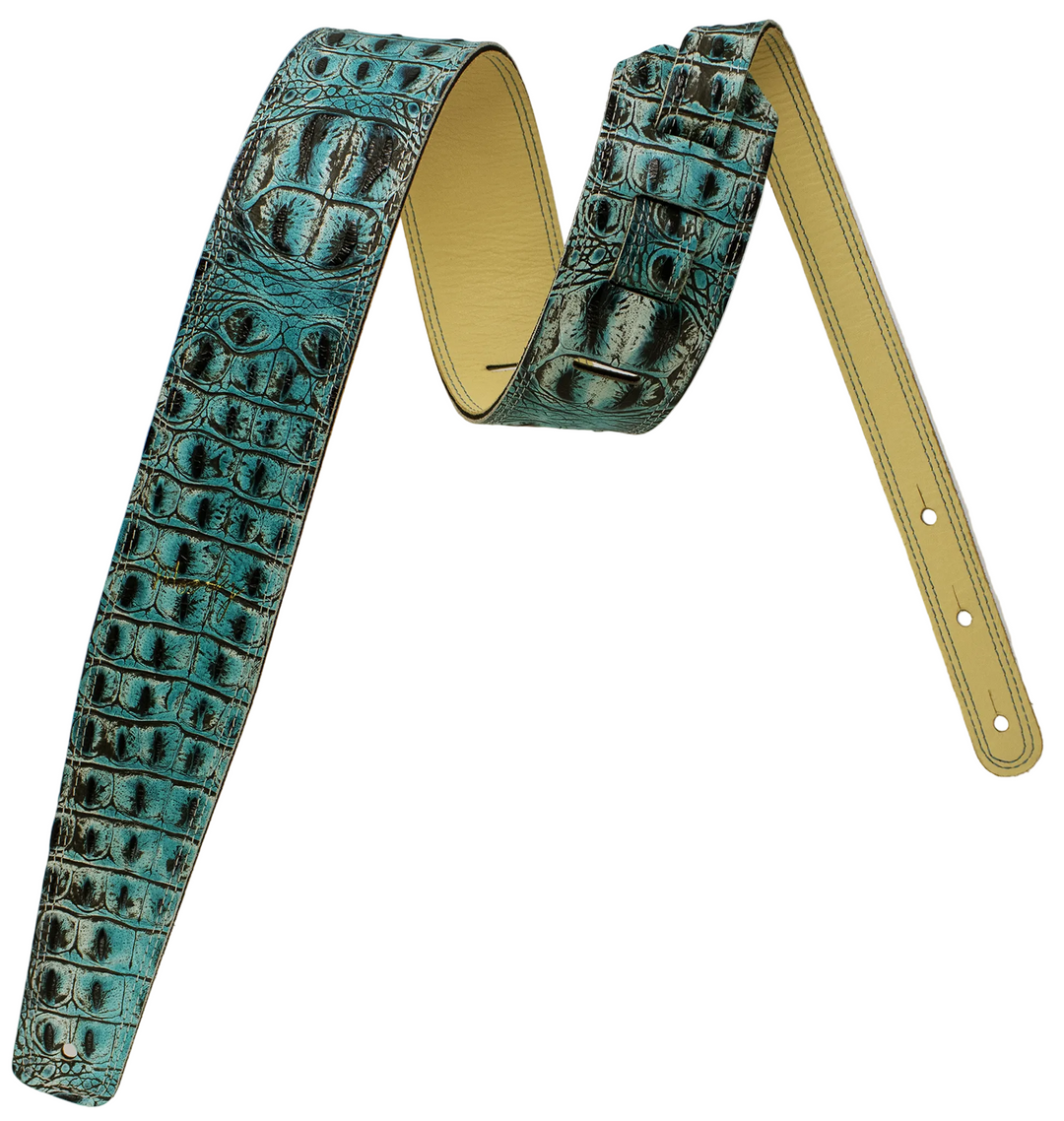 2.5" Faux Gator Leather Backed Guitar Strap - Turquoise/Cream - Moody Leather luxury guitar strap