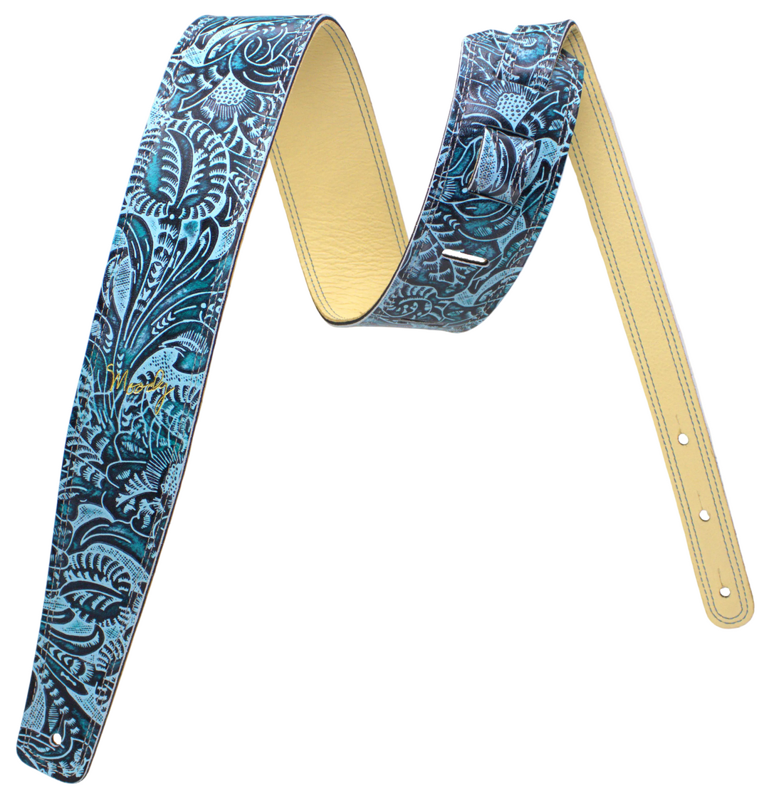 2.5" Leather Backed Western Guitar Strap - Aqua/Cream