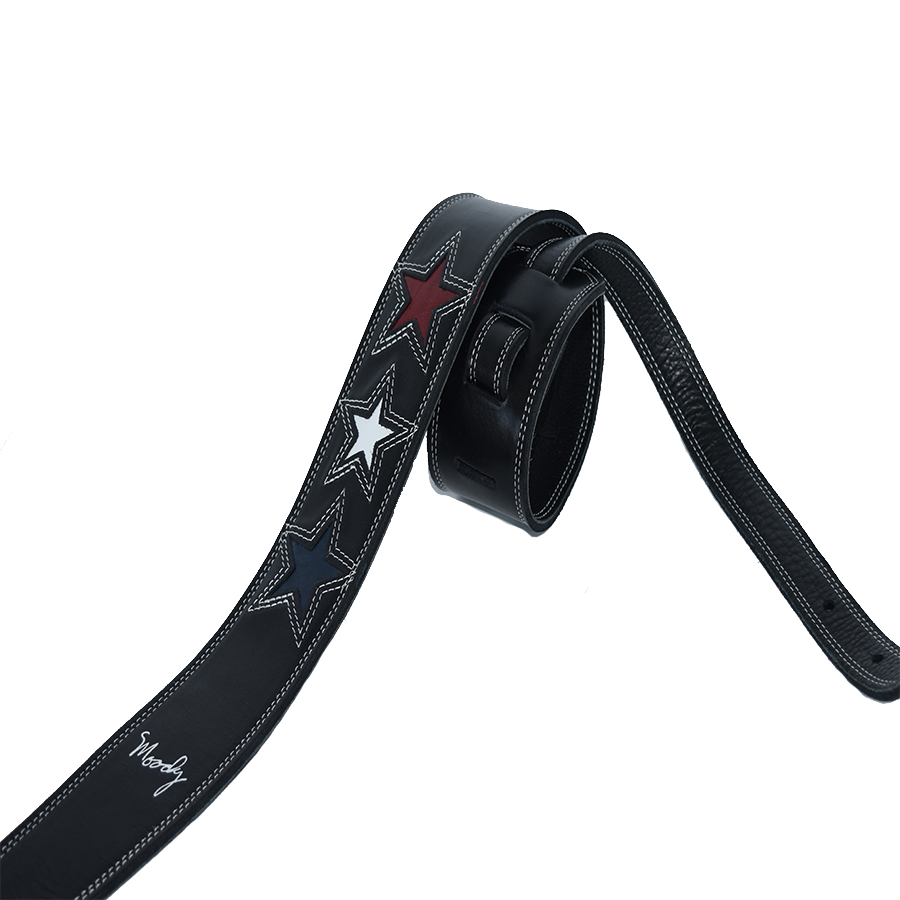 2.5 3 STAR Leather Backed Guitar Strap - Black/Black