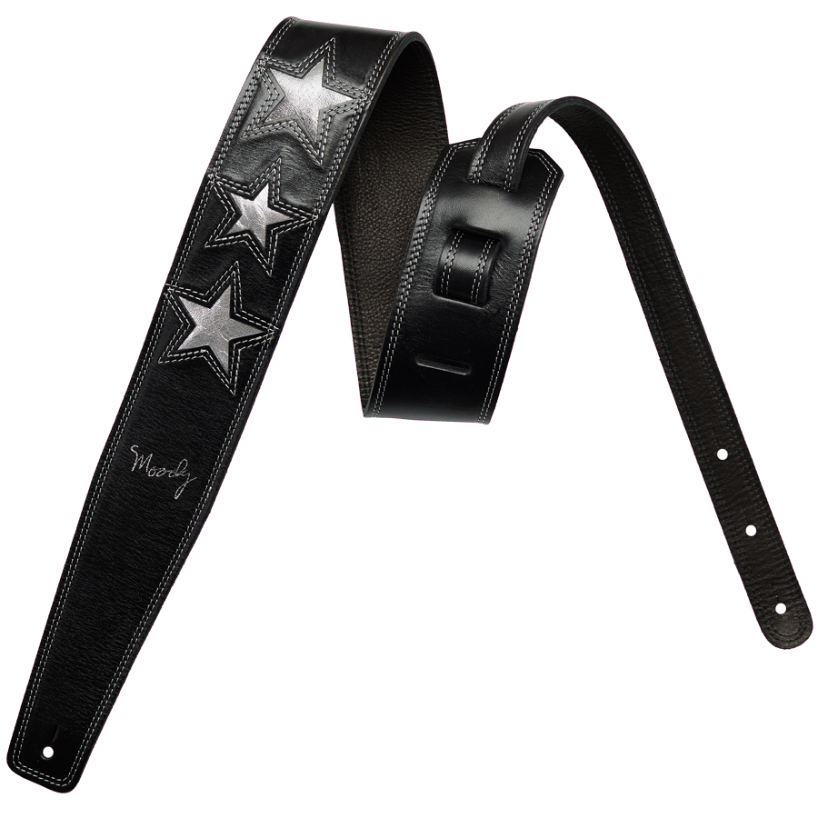 2.5 3 Platinum STAR Black with Black Leather Backed Luxury Guitar Strap